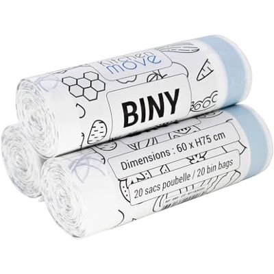 KITCHEN MOVE Lot de 60 sacs poubelles blanc 50L 60 x H75 CM BINY Ultra résistant 23 microns avec lien coulissant KITCHEN MOVE Lot de 60 sacs poubelles blanc 50L 60 x H75 CM BINY Ultra résistant 23 microns avec lien coulissant