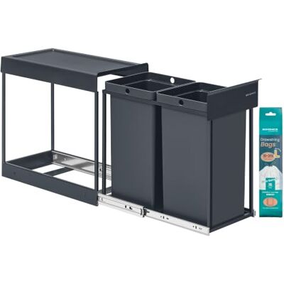SONGMICS Poubelle de cuisine pour le recyclage et les déchets, poubelle intégrée pour armoire, 2 x 15 l, double compartiment, design coulissant lisse, cadre en acier, couvercle ABS, gris LTB950GZ01 SONGMICS Poubelle de cuisine pour le recyclage et les déchets, poubelle intégrée pour armoire, 2 x 15 l, double compartiment, design coulissant lisse, cadre en acier, couvercle ABS, gris LTB950GZ01