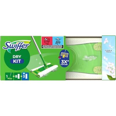 Swiffer Kit serpillère sèche et humide (1 serpillère, 8 chiffons secs Pour nettoyer le bois et les sols Swiffer Kit serpillère sèche et humide (1 serpillère, 8 chiffons secs Pour nettoyer le bois et les sols