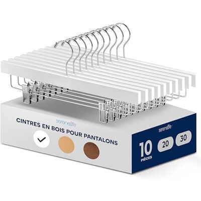 SereneLife Cintres Bois à pinces Cintres Pantalons, Jupes, Jeans, Uniformes Gain de place, Crochets Pivotants 360°, Pinces Réglables, Finition Bois Blanc, Lot de 10 SereneLife Cintres Bois à pinces Cintres Pantalons, Jupes, Jeans, Uniformes Gain de place, Crochets Pivotants 360°, Pinces Réglables, Finition Bois Blanc, Lot de 10
