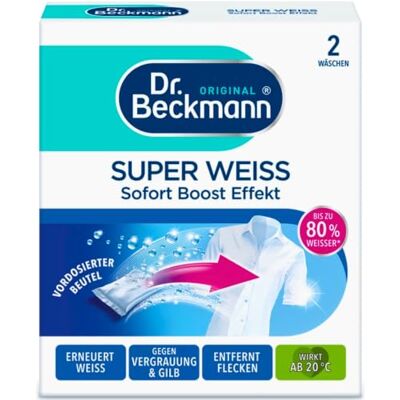 Dr. Beckmann Super blanc élimine le voile gris aide contre le jaunissement le linge retrouve un blanc brillant 2 x 40 g Dr. Beckmann Super blanc élimine le voile gris aide contre le jaunissement le linge retrouve un blanc brillant 2 x 40 g