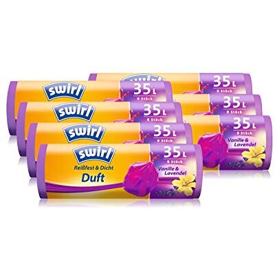 Swirl Lot de 7 rouleaux de 9 sacs poubelle parfumés à la vanille et à la lavande 35 litres Swirl Lot de 7 rouleaux de 9 sacs poubelle parfumés à la vanille et à la lavande 35 litres
