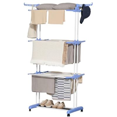 HOMCOM Séchoir à Linge Étendoir Pliable 3 Niveaux 73 x 64 x 177 cm Bleu 4 Roulettes, Cadre en Acier Inoxydable, Ailes Latérales, pour Intérieur Extérieur HOMCOM Séchoir à Linge Étendoir Pliable 3 Niveaux 73 x 64 x 177 cm Bleu 4 Roulettes, Cadre en Acier Inoxydable, Ailes Latérales, pour Intérieur Extérieur