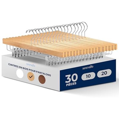 SereneLife Cintres en Bois avec Pinces Cintres pour Pantalons, Jupes, Jeans, Uniformes Crochets Pivotants 360°, Pinces Réglables, Finition Bois Naturel, Lot de 30 SereneLife Cintres en Bois avec Pinces Cintres pour Pantalons, Jupes, Jeans, Uniformes Crochets Pivotants 360°, Pinces Réglables, Finition Bois Naturel, Lot de 30