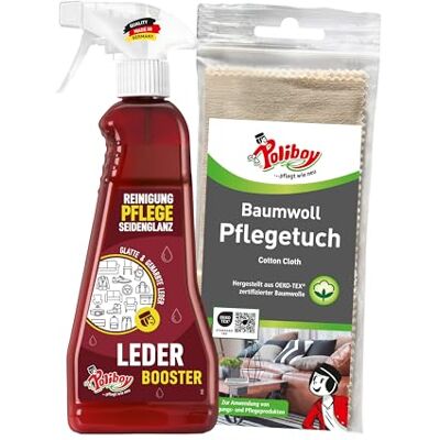 Poliboy Leder Booster Produit d'entretien nettoyant pour cuir pour vêtements et meubles Nettoyant pour cuir avec effet d'entretien 1 x 375 ml Avec chiffon en coton Fabriqué en Allemagne Poliboy Leder Booster Produit d'entretien nettoyant pour cuir pour vêtements et meubles Nettoyant pour cuir avec effet d'entretien 1 x 375 ml Avec chiffon en coton Fabriqué en Allemagne