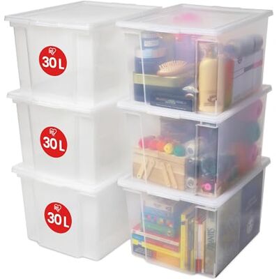Iris Ohyama , Boîtes de rangement plastique avec couvercles de 30L, Lot de 6 grandes boites empilables, Sans BPA, Buanderie, Bureau, USB-M, Transparent L42 x P35.5 x H26.5 cm Iris Ohyama , Boîtes de rangement plastique avec couvercles de 30L, Lot de 6 grandes boites empilables, Sans BPA, Buanderie, Bureau, USB-M, Transparent L42 x P35.5 x H26.5 cm