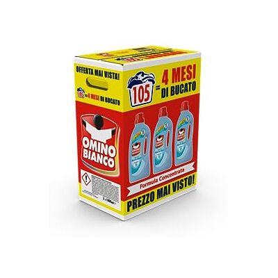 Omino Bianco Lessive Machine à laver liquide, 105 lavages, respecte les couleurs et les tissus, parfum frais avec essence de mousse blanche, 1400 ml x 3 paquets Omino Bianco Lessive Machine à laver liquide, 105 lavages, respecte les couleurs et les tissus, parfum frais avec essence de mousse blanche, 1400 ml x 3 paquets