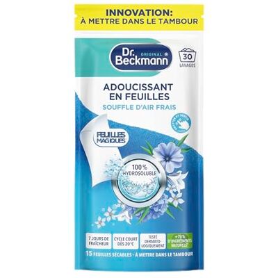 Dr. Beckmann Adoucissant Linge en Feuilles Air Frais 30 Lavages 1/2 feuille = 1 lavage Assouplit le linge et le parfume durablement 100% Hydrosoluble -75% plastique 0% colorant Dr. Beckmann Adoucissant Linge en Feuilles Air Frais 30 Lavages 1/2 feuille = 1 lavage Assouplit le linge et le parfume durablement 100% Hydrosoluble -75% plastique 0% colorant