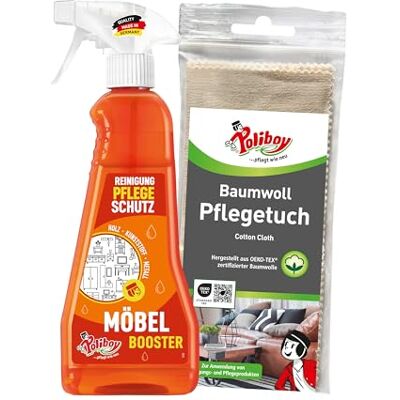 Poliboy Booster de meubles – Nettoyant pour meubles – Élimine la saleté et rafraîchit comme nettoyant pour meubles – 1 x 375 ml – Avec chiffon en coton – Fabriqué en Allemagne Poliboy Booster de meubles – Nettoyant pour meubles – Élimine la saleté et rafraîchit comme nettoyant pour meubles – 1 x 375 ml – Avec chiffon en coton – Fabriqué en Allemagne