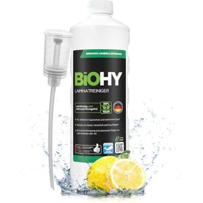 BIOHY Laminaatreiniger (1 Liter Fles) + doseerder Kostbare houtverzorging op een speciaal aangepaste combinatie van tensiden vermindert het opnieuw vervuilen (Laminatreiniger) BIOHY Laminaatreiniger (1 Liter Fles) + doseerder Kostbare houtverzorging op een speciaal aangepaste combinatie van tensiden vermindert het opnieuw vervuilen (Laminatreiniger)
