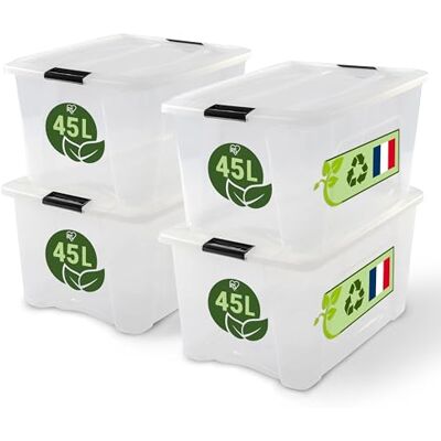 Iris Ohyama BSB-45 Lot de 4 boîtes de rangement avec couvercles Transparent 45 l Boucles sécurisées empilables Poignées à tirer Pour chambre à coucher, placard, bureau, organisation, plastique sans Iris Ohyama BSB-45 Lot de 4 boîtes de rangement avec couvercles Transparent 45 l Boucles sécurisées empilables Poignées à tirer Pour chambre à coucher, placard, bureau, organisation, plastique sans