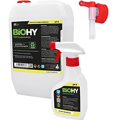 BIOHY Shampoing pour Tapis (Bidon de 6l) + Vaporisateur & Robinet Concentré de nettoyant pour tapis idéal pour enlever les taches tenaces bien toléré par les animaux (Teppichshampoo) BIOHY Shampoing pour Tapis (Bidon de 6l) + Vaporisateur & Robinet Concentré de nettoyant pour tapis idéal pour enlever les taches tenaces bien toléré par les animaux (Teppichshampoo)