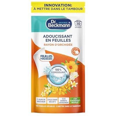 Dr. Beckmann Adoucissant Linge en Feuilles Orchidée 30 Lavages 1/2 feuille = 1 lavage Assouplit le linge et le parfume durablement 100% Hydrosoluble -75% plastique 0% colorant Dr. Beckmann Adoucissant Linge en Feuilles Orchidée 30 Lavages 1/2 feuille = 1 lavage Assouplit le linge et le parfume durablement 100% Hydrosoluble -75% plastique 0% colorant
