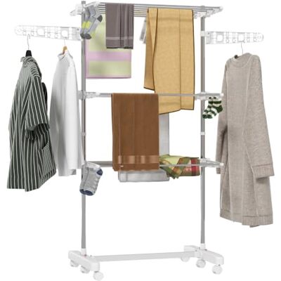 HOMCOM Séchoir à linge Étendoir Pliable 3 Niveaux 142 x 55 x 152 cm Blanc 6 Roulettes, Cadre en Acier Inoxydable, Ailes Latérales, pour Intérieur Extérieur HOMCOM Séchoir à linge Étendoir Pliable 3 Niveaux 142 x 55 x 152 cm Blanc 6 Roulettes, Cadre en Acier Inoxydable, Ailes Latérales, pour Intérieur Extérieur