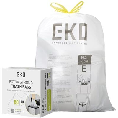 EKO Rouleau à distribution facile de 80 grands sacs poubelle extra résistants, avec attache de serrage 30,3-36 L, blanc, code E EKO Rouleau à distribution facile de 80 grands sacs poubelle extra résistants, avec attache de serrage 30,3-36 L, blanc, code E
