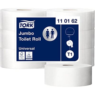 Tork 110162 Lot de 6 feuilles de papier toilette Jumbo de qualité avancée pour le système de papier toilette T1 Jumbo 1 couche Blanc Tork 110162 Lot de 6 feuilles de papier toilette Jumbo de qualité avancée pour le système de papier toilette T1 Jumbo 1 couche Blanc