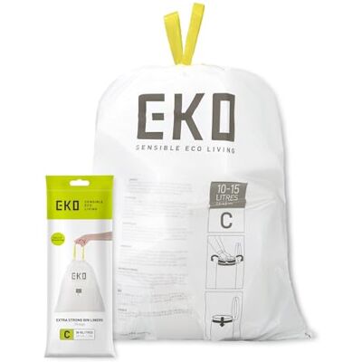 EKO Lot de 20 sacs poubelle de cuisine avec cordon de serrage de 10 à 15 litres, résistants aux fuites et aux déchirures pour déchets et recyclage, sacs poubelle non parfumés, code C, blanc EKO Lot de 20 sacs poubelle de cuisine avec cordon de serrage de 10 à 15 litres, résistants aux fuites et aux déchirures pour déchets et recyclage, sacs poubelle non parfumés, code C, blanc