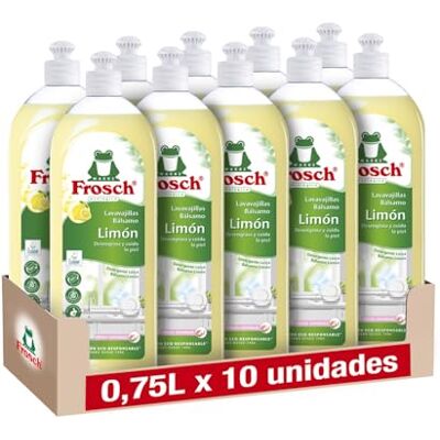 FROSCH Lave-vaisselle à la main liquide Baume au citron, dégraissant et protège la peau, testé dermatologiquement Pack de 10 unités x 750 ml FROSCH Lave-vaisselle à la main liquide Baume au citron, dégraissant et protège la peau, testé dermatologiquement Pack de 10 unités x 750 ml