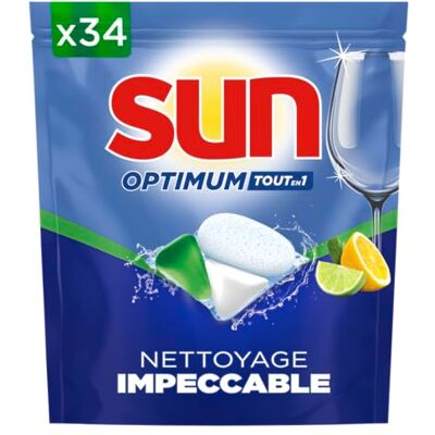 Sun Optimum Tablettes lave-vaisselle tout-en-1 – 34 capsules – Citron – Nettoyage impeccable – Brillance éclatante – Tablettes avec effet dégraissant Sun Optimum Tablettes lave-vaisselle tout-en-1 – 34 capsules – Citron – Nettoyage impeccable – Brillance éclatante – Tablettes avec effet dégraissant