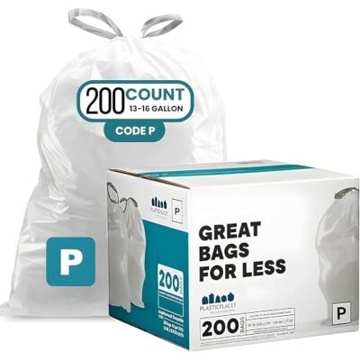 Plasticplace simplehuman (x) Code P Housses de poubelle compatibles avec cordon de serrage 13-16 gallons, 23,85 "x 31,5", 200 pièces, blanc Plasticplace simplehuman (x) Code P Housses de poubelle compatibles avec cordon de serrage 13-16 gallons, 23,85 "x 31,5", 200 pièces, blanc