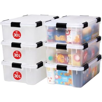Iris Ohyama , Boîtes de rangement plastique étanches de 30L, Lot de 6, AT-LS, Transparent, Clips de fermeture- L59 x P39 x H19 cm Iris Ohyama , Boîtes de rangement plastique étanches de 30L, Lot de 6, AT-LS, Transparent, Clips de fermeture- L59 x P39 x H19 cm