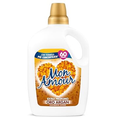 Mon Amour Adoucissant machine à laver or et argan, Formule plus concentrée pour plus de parfums et plus de lavages pour linge et lessive doux et frais, testé dermatologiquement, 1 flacon de 3L (60 Mon Amour Adoucissant machine à laver or et argan, Formule plus concentrée pour plus de parfums et plus de lavages pour linge et lessive doux et frais, testé dermatologiquement, 1 flacon de 3L (60