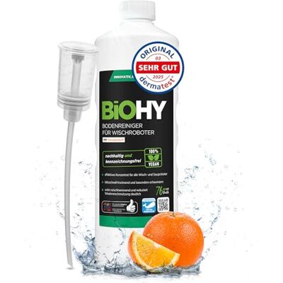BIOHY Bodenreiniger für alle Wischroboter mit Orangenduft (1l Flasche) + Dosierer Schaumarm & Streifenfrei Nachhaltiges 1:200 Konzentrat für alle Böden (Wischroboter Orange) BIOHY Bodenreiniger für alle Wischroboter mit Orangenduft (1l Flasche) + Dosierer Schaumarm & Streifenfrei Nachhaltiges 1:200 Konzentrat für alle Böden (Wischroboter Orange)