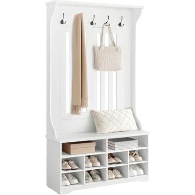 VASAGLE Vestiaire d'Entrée, Porte-Manteau 3 en 1 avec Banc à Chaussures 5 Crochets et 10 Compartiments, 100 x 35 x 180 cm, pour Couloir, Blanc Nuage, Collection SIREN HSR404T10YC VASAGLE Vestiaire d'Entrée, Porte-Manteau 3 en 1 avec Banc à Chaussures 5 Crochets et 10 Compartiments, 100 x 35 x 180 cm, pour Couloir, Blanc Nuage, Collection SIREN HSR404T10YC