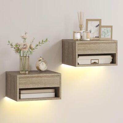 HOMCOM 2 Tables de nuit suspendues, LED, 37x32x21cm, bois Intégré, réglable via app, paire de tables de nuit modernes avec tiroir et étagère, chambre à coucher HOMCOM 2 Tables de nuit suspendues, LED, 37x32x21cm, bois Intégré, réglable via app, paire de tables de nuit modernes avec tiroir et étagère, chambre à coucher