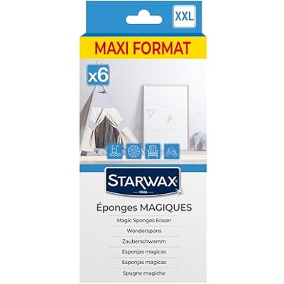 STARWAX Éponges magiques Enlève immédiatement les marques Ne raye pas Facile à nettoyer Format maxi Nombreuses surfaces Lot de 6 STARWAX Éponges magiques Enlève immédiatement les marques Ne raye pas Facile à nettoyer Format maxi Nombreuses surfaces Lot de 6