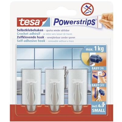tesa Powerstrips Small TREND Crochets Chrome mat Charge max. 1 kg 3 crochets autocollants en plastique Pour verre, carrelage, bois, plastique et autres supports S'enlčvent sans traces tesa Powerstrips Small TREND Crochets Chrome mat Charge max. 1 kg 3 crochets autocollants en plastique Pour verre, carrelage, bois, plastique et autres supports S'enlčvent sans traces