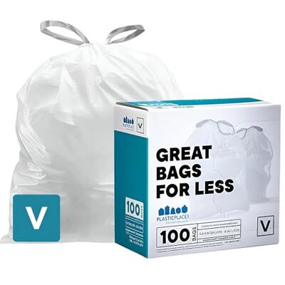 Plasticplace Simple Humain Code V Compatible Lot de 100 doublures de poubelle avec cordon 4,2-4,8 gallons 16-18 litres 14,75 "x 28", blanc Plasticplace Simple Humain Code V Compatible Lot de 100 doublures de poubelle avec cordon 4,2-4,8 gallons 16-18 litres 14,75 "x 28", blanc
