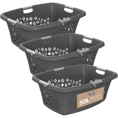 Rotho Flowers Lot de 3 paniers à linge en plastique Anthracite 50 l Panier à linge avec 4 poignées et aération florale, 50 l, robuste et empilable, 65 x 48,6 x 26,2 cm, panier en plastique Rotho Flowers Lot de 3 paniers à linge en plastique Anthracite 50 l Panier à linge avec 4 poignées et aération florale, 50 l, robuste et empilable, 65 x 48,6 x 26,2 cm, panier en plastique