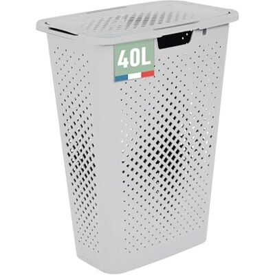 Sundis Pixel, panier à linge 40l, en plastique recyclé, blanc cassé, idéal pour les petits espaces, 2 poignées latérales et 1 poignée au-dessous, aération sur les 4 côtés Sundis Pixel, panier à linge 40l, en plastique recyclé, blanc cassé, idéal pour les petits espaces, 2 poignées latérales et 1 poignée au-dessous, aération sur les 4 côtés