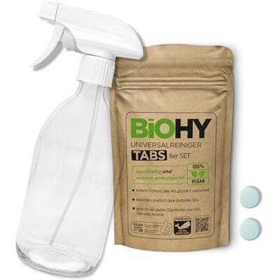 BIOHY Lot de 6 tablettes de nettoyage universelles + flacon pulvérisateur en verre Tablettes polyvalentes durables à dissoudre Nettoyant ménager Sans microplastique Nettoyant pour cuisine BIOHY Lot de 6 tablettes de nettoyage universelles + flacon pulvérisateur en verre Tablettes polyvalentes durables à dissoudre Nettoyant ménager Sans microplastique Nettoyant pour cuisine