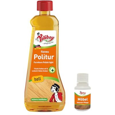 Poliboy Fixneu de polissage clair – Polissage pour meubles pour bois vernis clairs – Polissage ravive les couleurs du bois – 500 ml – Avec échantillon de produit Poliboy Fixneu de polissage clair – Polissage pour meubles pour bois vernis clairs – Polissage ravive les couleurs du bois – 500 ml – Avec échantillon de produit