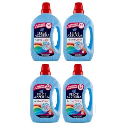 Felce Azzurra Pack de 4 Lavatrice Active Color, Lessive Liquide pour Machine à Laver Efficace à Froid, pour Lavage Coloré, 32 Lavages 1595 ml Felce Azzurra Pack de 4 Lavatrice Active Color, Lessive Liquide pour Machine à Laver Efficace à Froid, pour Lavage Coloré, 32 Lavages 1595 ml