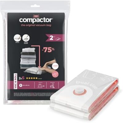 Compactor Lot de 2 sacs de rangement de voyage manuels ou sous vide, pour économiser de l'espace dans les armoires et les valises, pas besoin d'un aspirateur, taille petite Compactor Lot de 2 sacs de rangement de voyage manuels ou sous vide, pour économiser de l'espace dans les armoires et les valises, pas besoin d'un aspirateur, taille petite