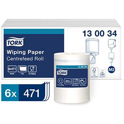Tork Papier d'Essuyage à Dévidage Central blanc M2, absorbant, 6 x 471 feuilles, 130034 Tork Papier d'Essuyage à Dévidage Central blanc M2, absorbant, 6 x 471 feuilles, 130034