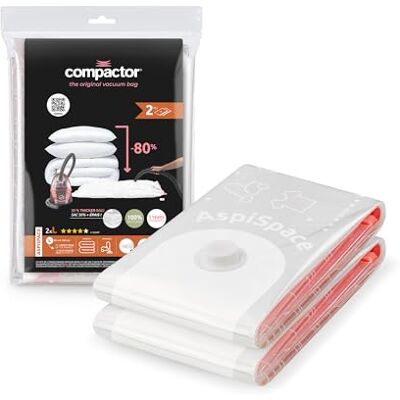 Compactor ASPISPACE Lot de 2 sacs de compression sous vide, taille L, 80 x 100 cm, transparent Compactor ASPISPACE Lot de 2 sacs de compression sous vide, taille L, 80 x 100 cm, transparent