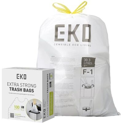 EKO Sacs poubelle extra longs avec cordon de serrage, 30 l, 100 sacs, extra forts, boîte d'accès rapide, ajustement parfait pour les poubelles de recyclage, anti-fuite, blanc, taille F-1 EKO Sacs poubelle extra longs avec cordon de serrage, 30 l, 100 sacs, extra forts, boîte d'accès rapide, ajustement parfait pour les poubelles de recyclage, anti-fuite, blanc, taille F-1
