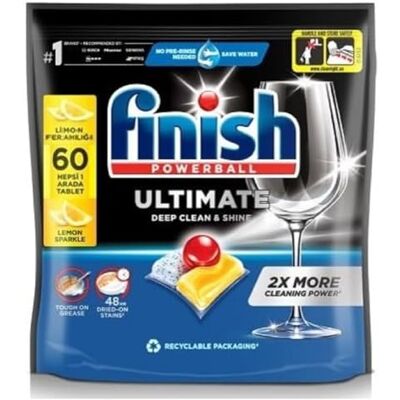 Finish POWERBALL Ultimate Quantum Shine Pastilles Lave-Vaisselle Citron, Imbattable contre les taches tenaces 60 Capsules Finish POWERBALL Ultimate Quantum Shine Pastilles Lave-Vaisselle Citron, Imbattable contre les taches tenaces 60 Capsules