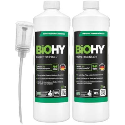 BIOHY Parketreiniger (2 x 1l Fles) + doseerder Ideaal voor verzegelde parketvloeren Zacht voor het materiaal & zonder opnieuw te vetten Voor streeploos reinigen (Parkettreiniger) BIOHY Parketreiniger (2 x 1l Fles) + doseerder Ideaal voor verzegelde parketvloeren Zacht voor het materiaal & zonder opnieuw te vetten Voor streeploos reinigen (Parkettreiniger)