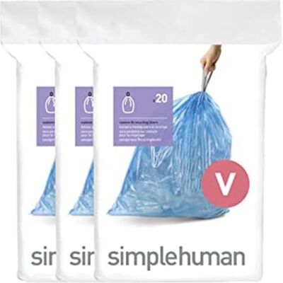 simplehuman CW0269 code V, sacs poubelle sur mesure, 3 x paquet de 20 (60 sacs), plastique bleu simplehuman CW0269 code V, sacs poubelle sur mesure, 3 x paquet de 20 (60 sacs), plastique bleu