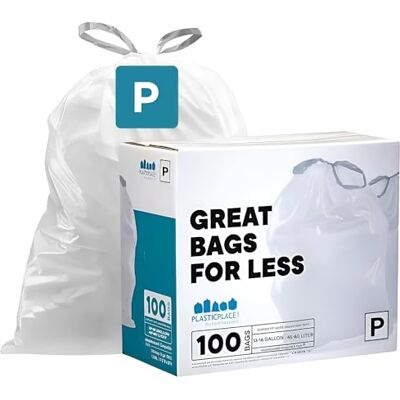 Plasticplace Sacs poubelle sur mesure, compatibles avec simplehuman Code P (100 pièces) sacs poubelle blancs avec cordon de serrage, 40 à 59,7 x 80 cm Plasticplace Sacs poubelle sur mesure, compatibles avec simplehuman Code P (100 pièces) sacs poubelle blancs avec cordon de serrage, 40 à 59,7 x 80 cm