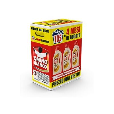 Omino Bianco Lessive Machine à laver liquide, 105 lavages, respecte les couleurs et les tissus, parfum frais avec essence coeur de Marseille, 1400 ml x 3 paquets Omino Bianco Lessive Machine à laver liquide, 105 lavages, respecte les couleurs et les tissus, parfum frais avec essence coeur de Marseille, 1400 ml x 3 paquets