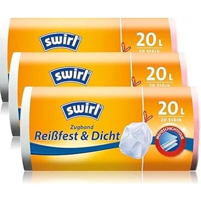 Swirl Sacs poubelle résistants à la déchirure et étanches avec cordon de serrage, lot de 3 x 20 l/20 sacs Swirl Sacs poubelle résistants à la déchirure et étanches avec cordon de serrage, lot de 3 x 20 l/20 sacs