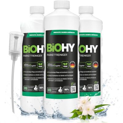 BIOHY Parketreiniger (3 x 1l Fles) + doseerder Ideaal voor verzegelde parketvloeren Zacht voor het materiaal & zonder opnieuw te vetten Voor streeploos reinigen (Parkettreiniger) BIOHY Parketreiniger (3 x 1l Fles) + doseerder Ideaal voor verzegelde parketvloeren Zacht voor het materiaal & zonder opnieuw te vetten Voor streeploos reinigen (Parkettreiniger)