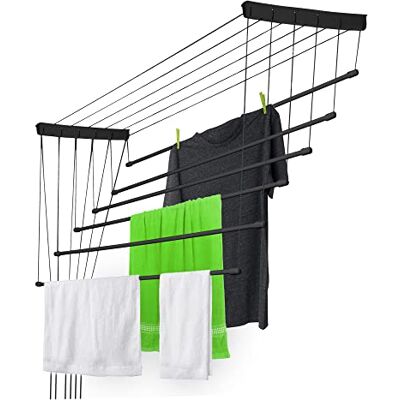 KADAX Séchoir à linge de plafond, sèche-linge pour le plafond 6, séchoir mural avec barreaux en acier recouverts de polyéthylène, charge maximale : 12 kg (6 x 130/noir) KADAX Séchoir à linge de plafond, sèche-linge pour le plafond 6, séchoir mural avec barreaux en acier recouverts de polyéthylène, charge maximale : 12 kg (6 x 130/noir)