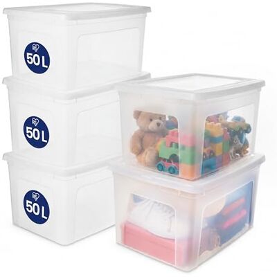 Iris Ohyama , Boite de Rangement Multi-Usages, 50L, Set de 5 Fermeture Facile, Empilables, en Plastique, pour Vêtement, Étagères, École, Organisation, Jouet, Papeterie, MCB-50 Iris Ohyama , Boite de Rangement Multi-Usages, 50L, Set de 5 Fermeture Facile, Empilables, en Plastique, pour Vêtement, Étagères, École, Organisation, Jouet, Papeterie, MCB-50